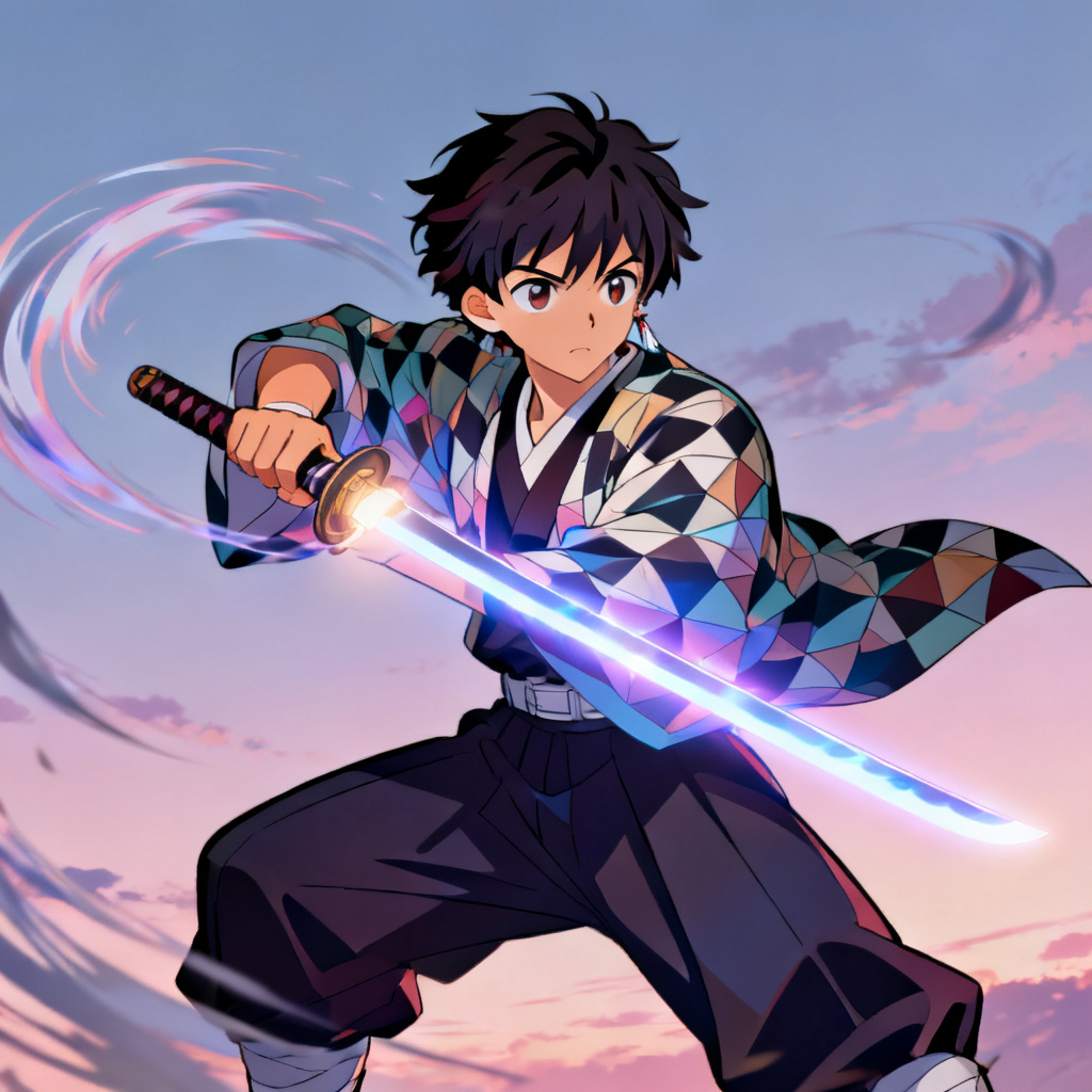AI KNY OC anime swordsman with patterned haori and glowing blade