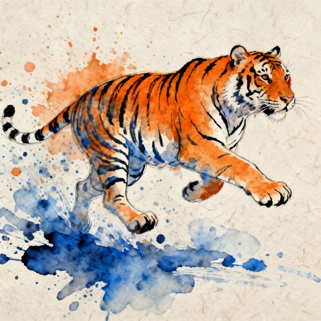AI watercolor tiger with paint splash effect