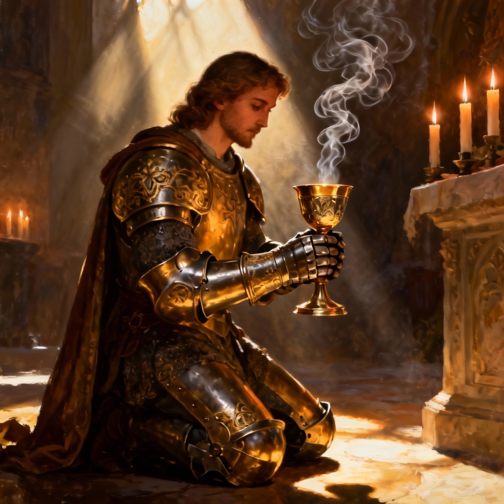 AI holy knight kneeling with a sacred relic chalice