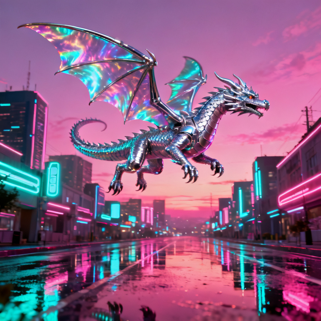 AI neon cyber dragon OC over futuristic city