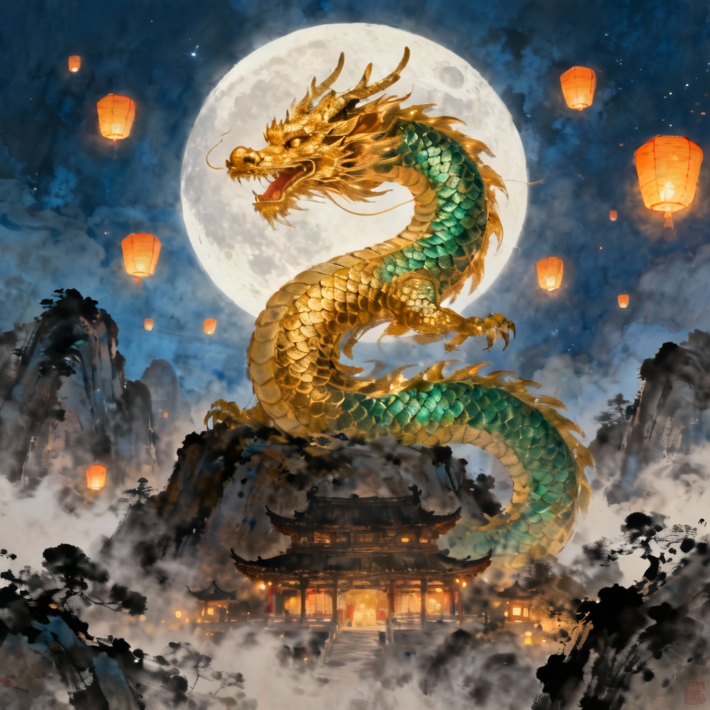Mythical celestial dragon coiling above a moonlit mountain temple