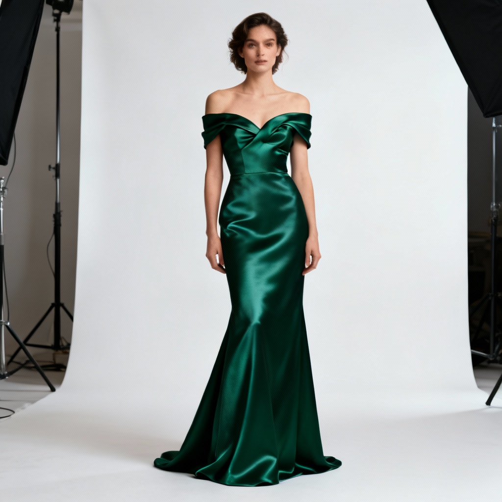 AI off-shoulder satin evening gown in emerald green