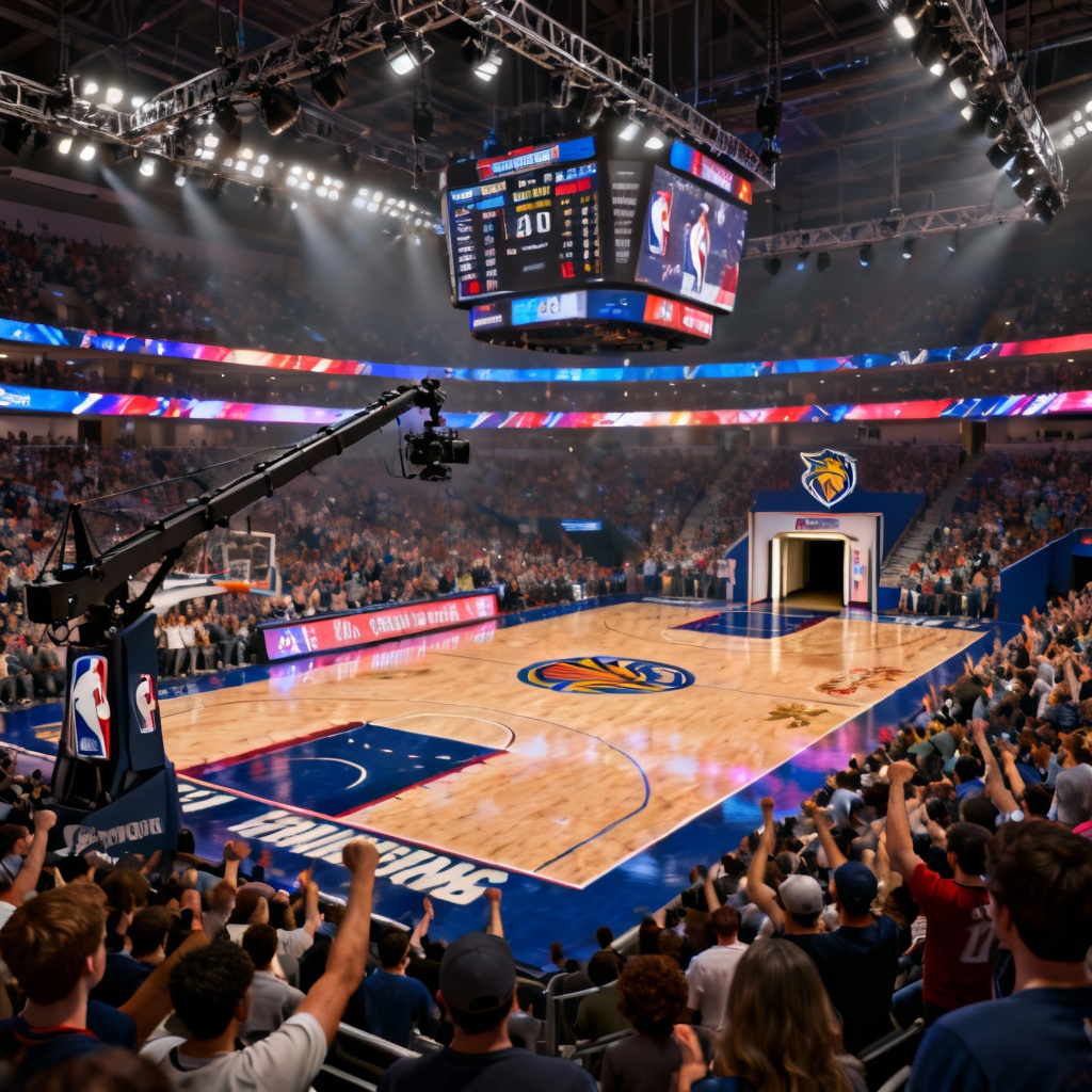 AI indoor basketball arena with hardwood court and lighting