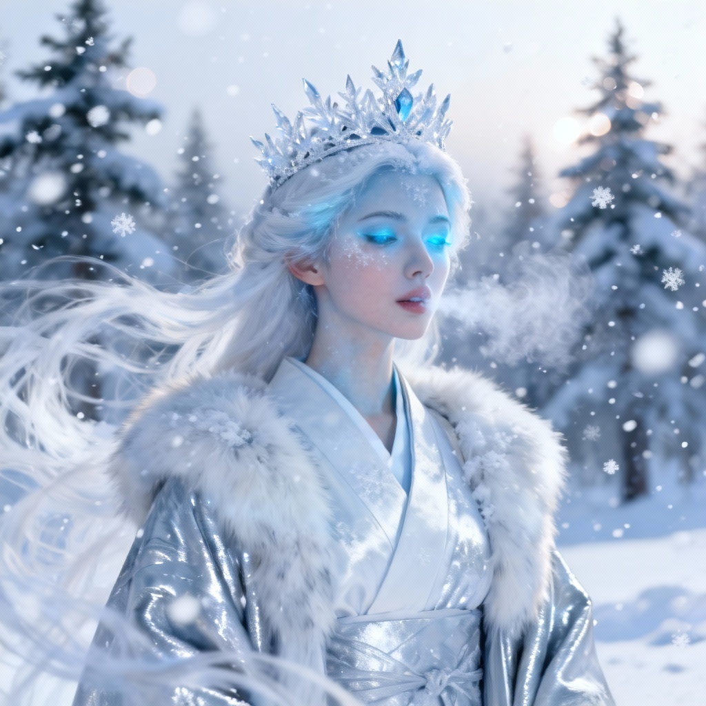 AI Snow Maiden portrait with icy crown in falling snow