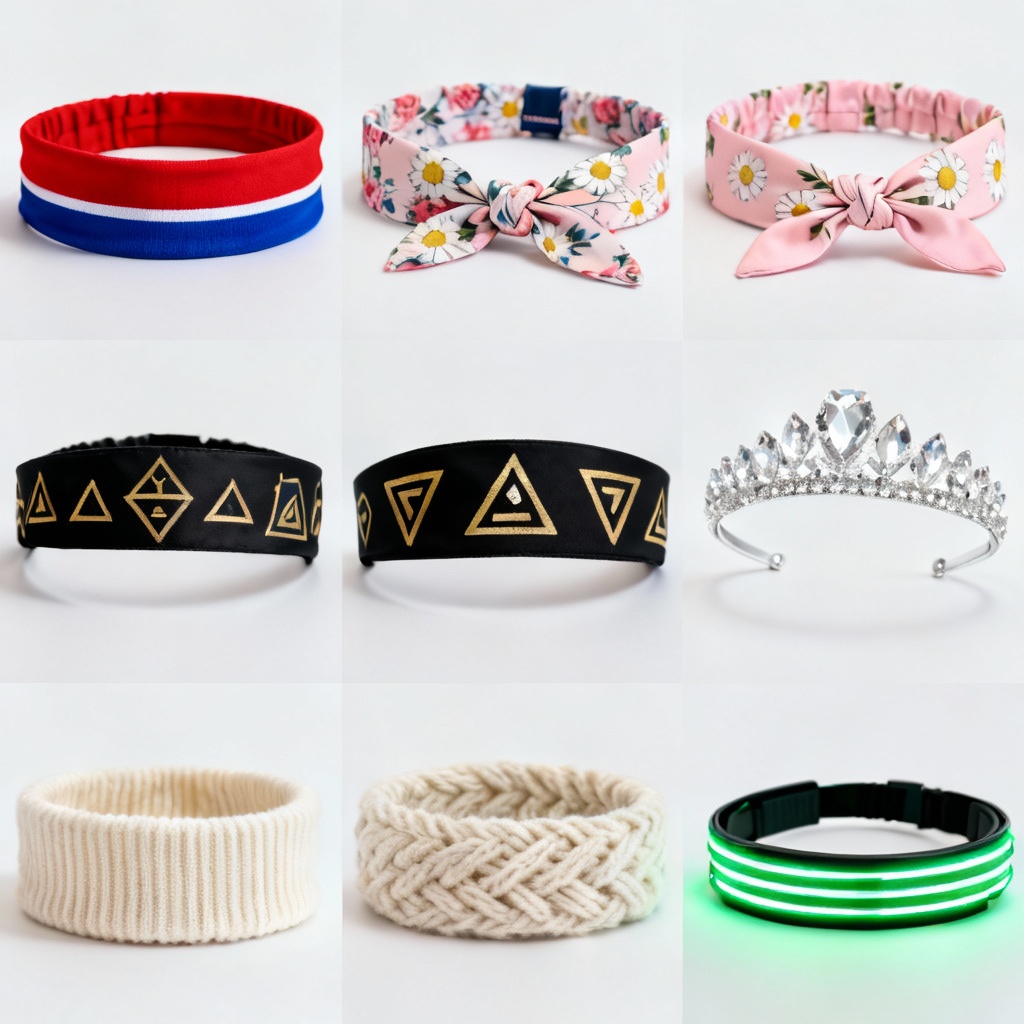 AI headband design collage featuring sport, boho, anime, bridal, knit, and LED styles