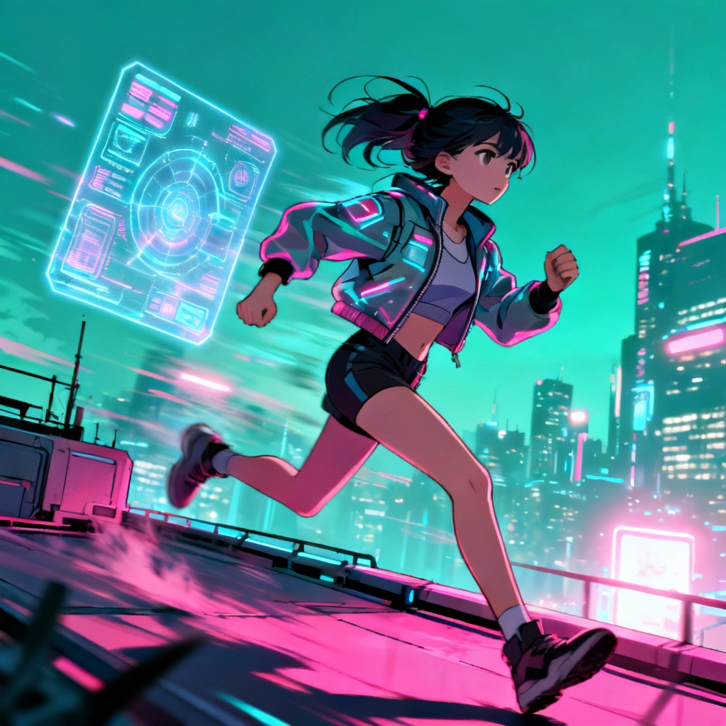 AI anime girl running across a cyber city rooftop