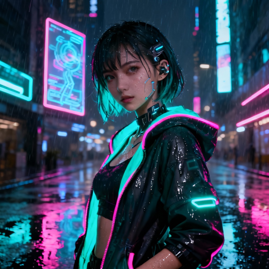AI cyberpunk girl portrait in neon city