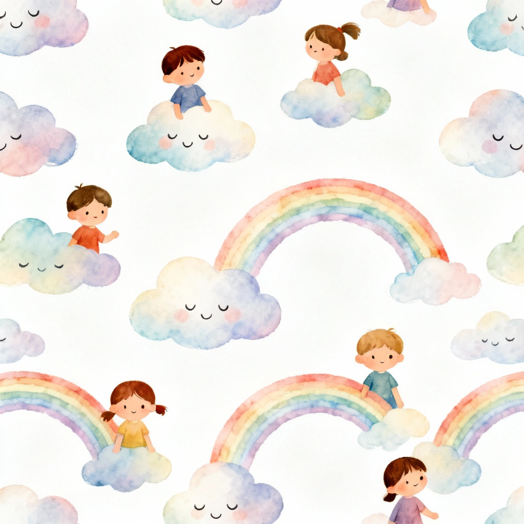 AI kids rainbow cloud wallpaper pattern, cute and seamless