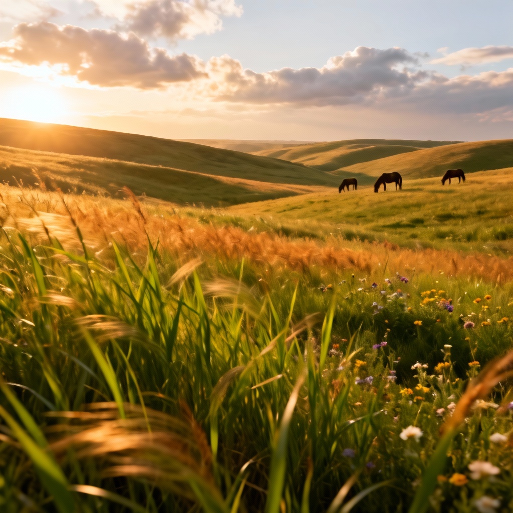 Photorealistic golden hour prairie with wildflowers and rolling hills