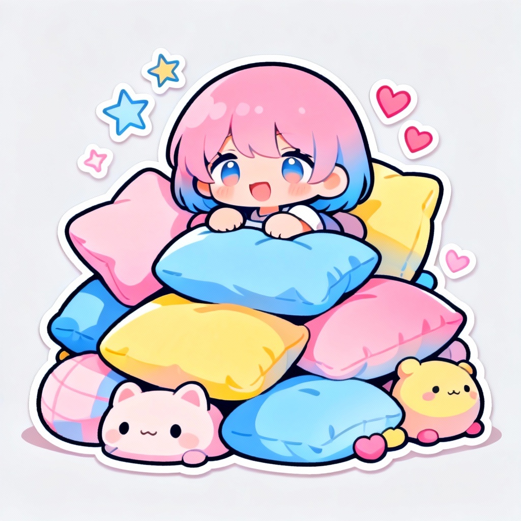 Cartoon plush and pillow cuddle scene