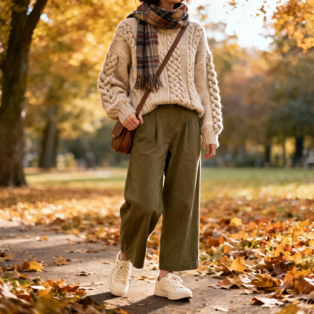 AI fall casual knit sweater and wide-leg trousers
