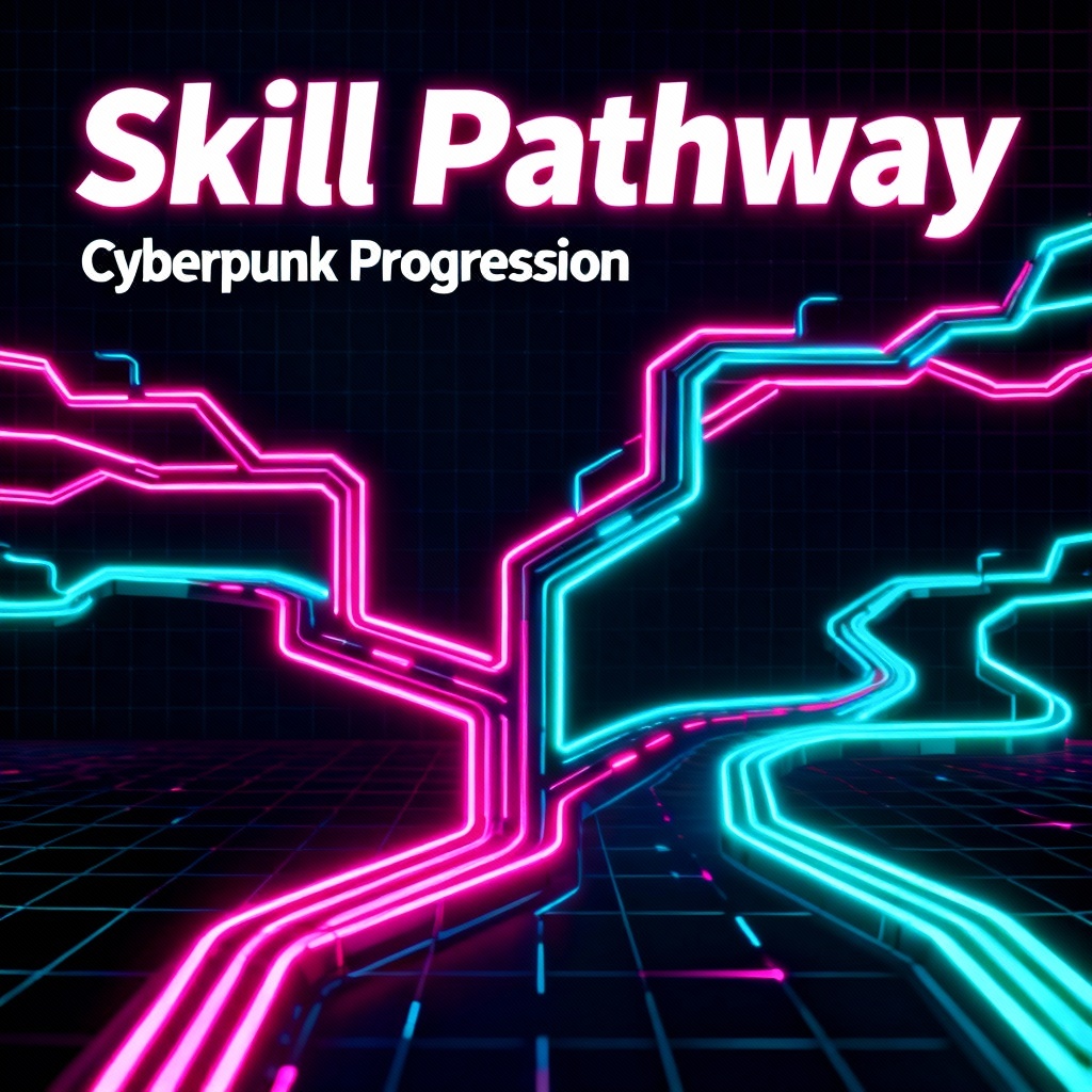 Neon cyberpunk Skill Road poster with branching paths