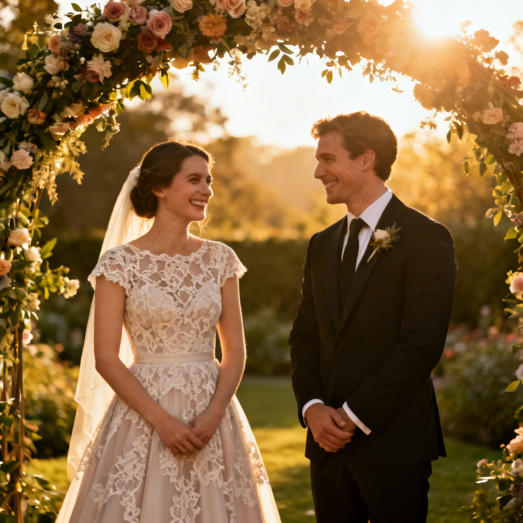 AI bride and groom wedding portrait in a garden at golden hour