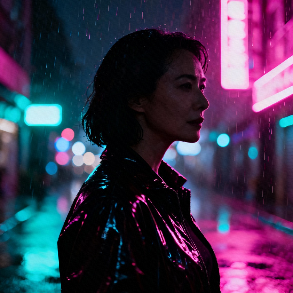 AI cyber neon street selfie with cinematic lighting and neon signs