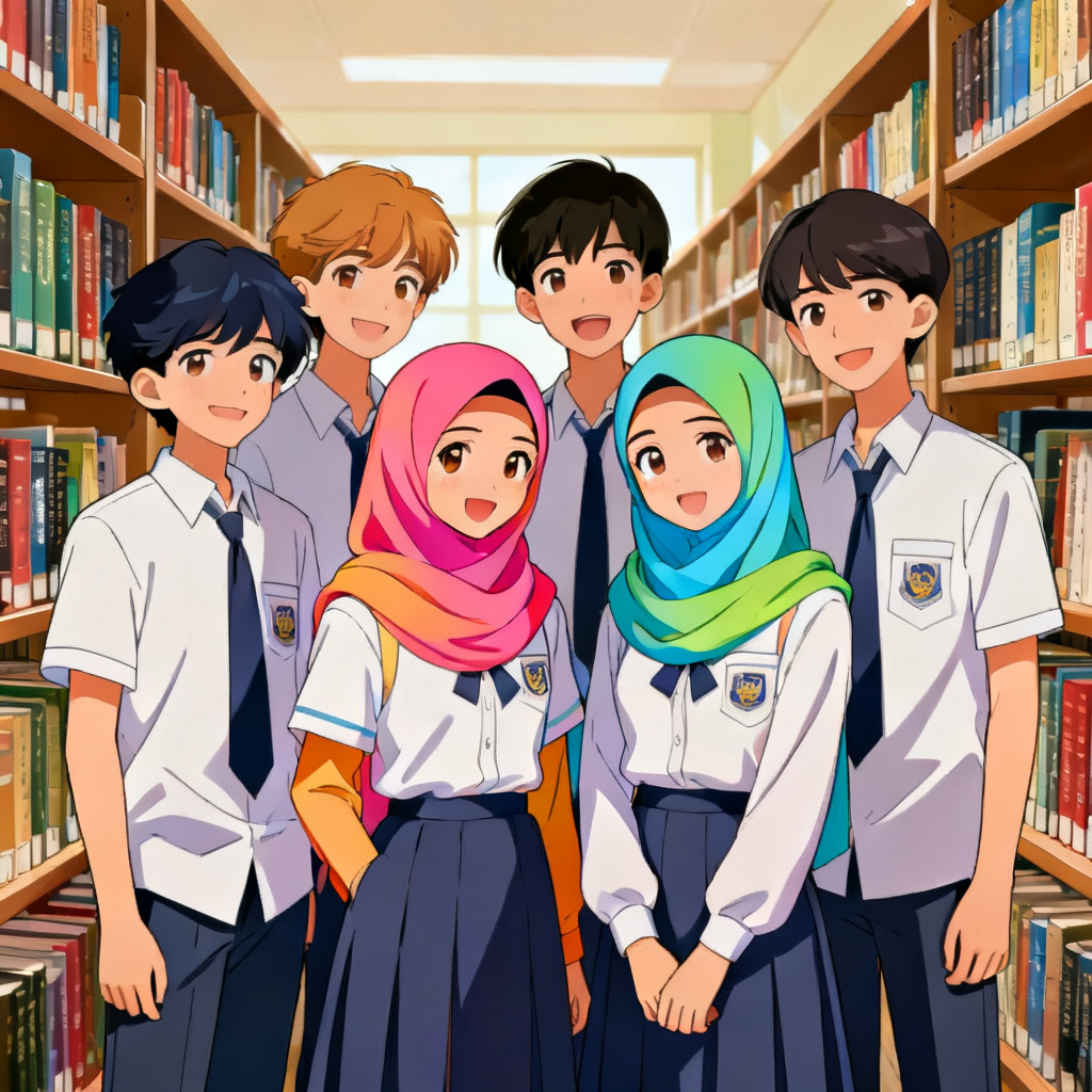 Anime school club friends in modest uniforms with books