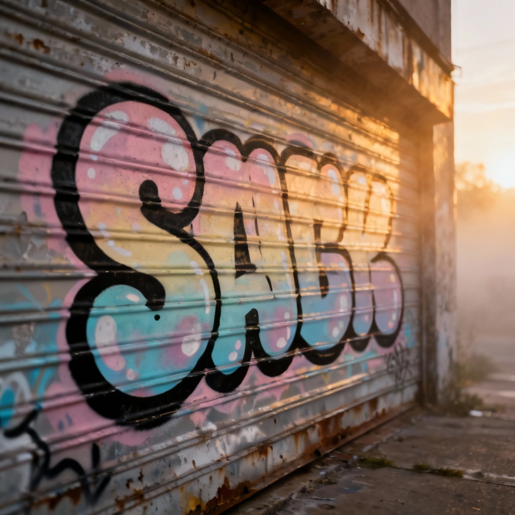 AI bubble throw up graffiti on metal shutter at sunrise