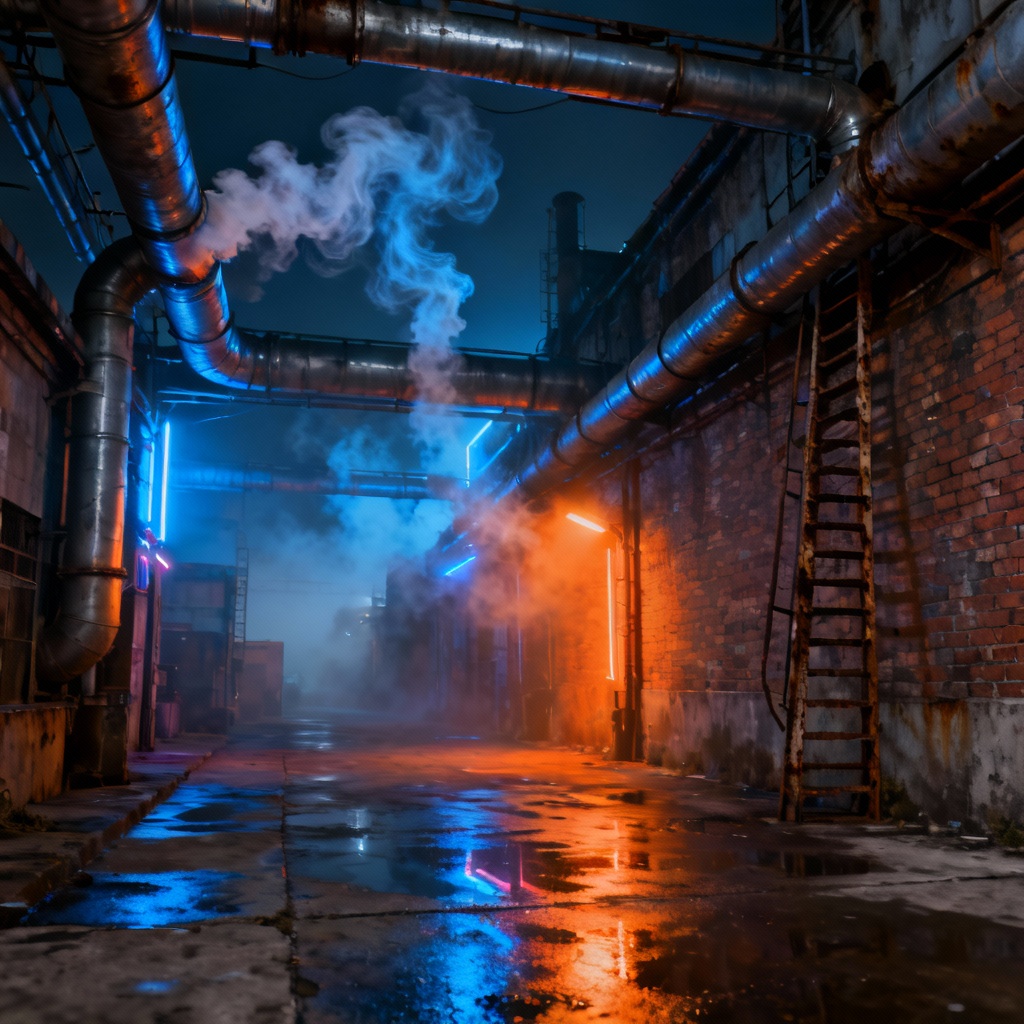 AI cyber industrial alley at night with steam and neon