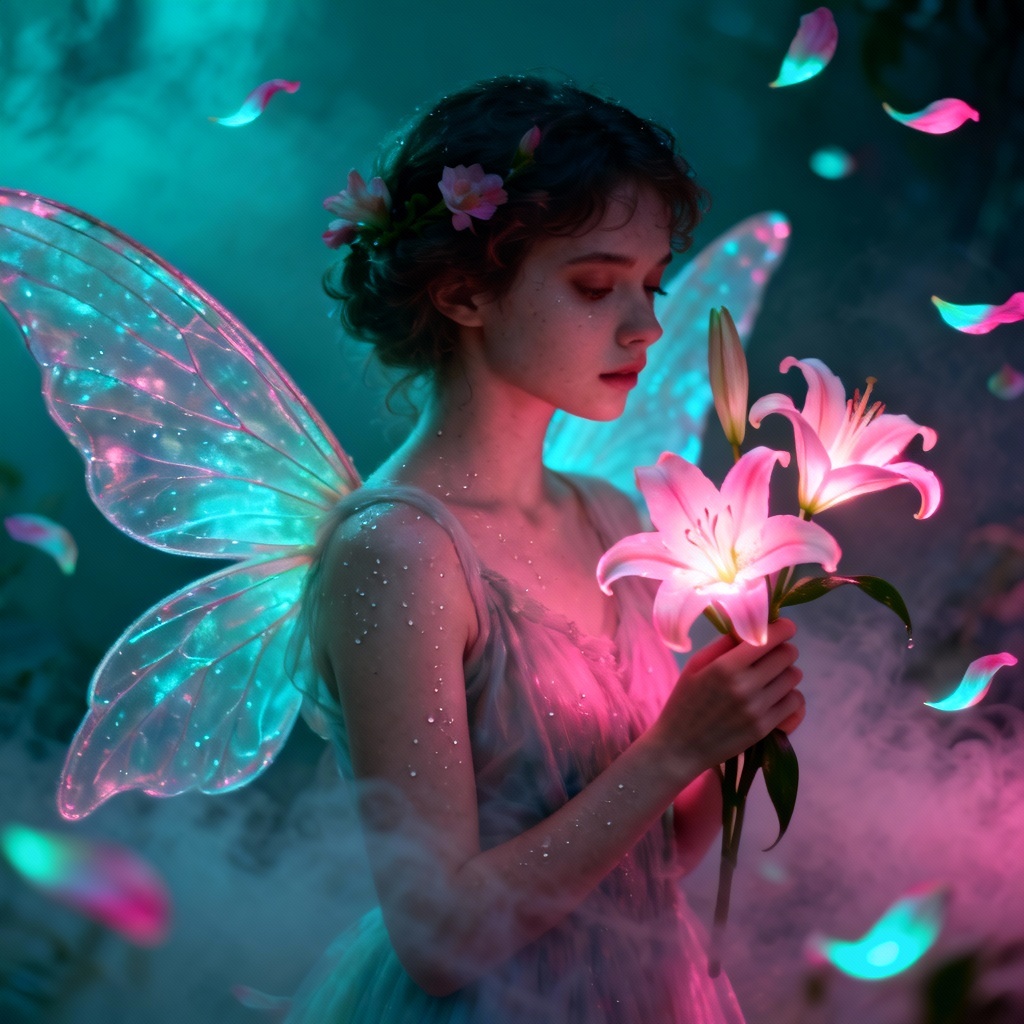 Fantasy flower girl fairy with glowing blossoms