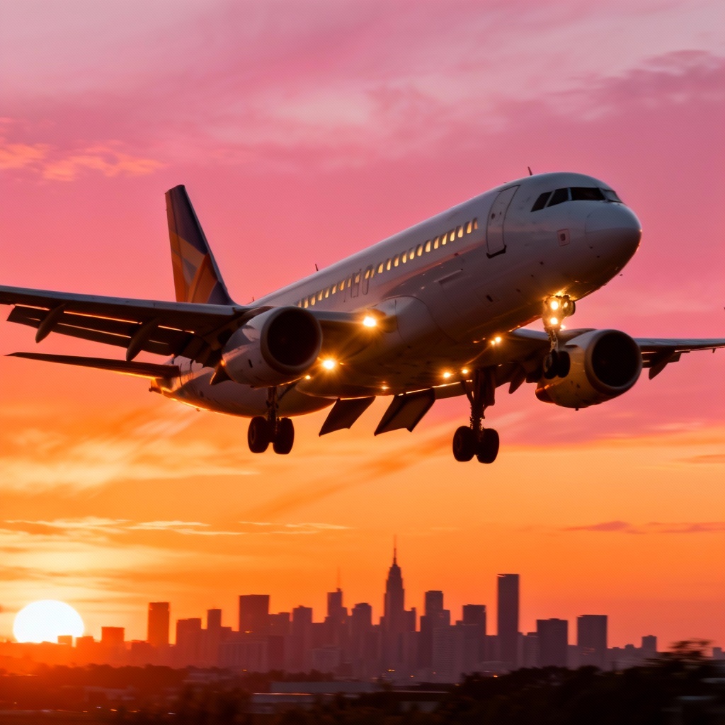 AI photoreal passenger airliner landing at sunset