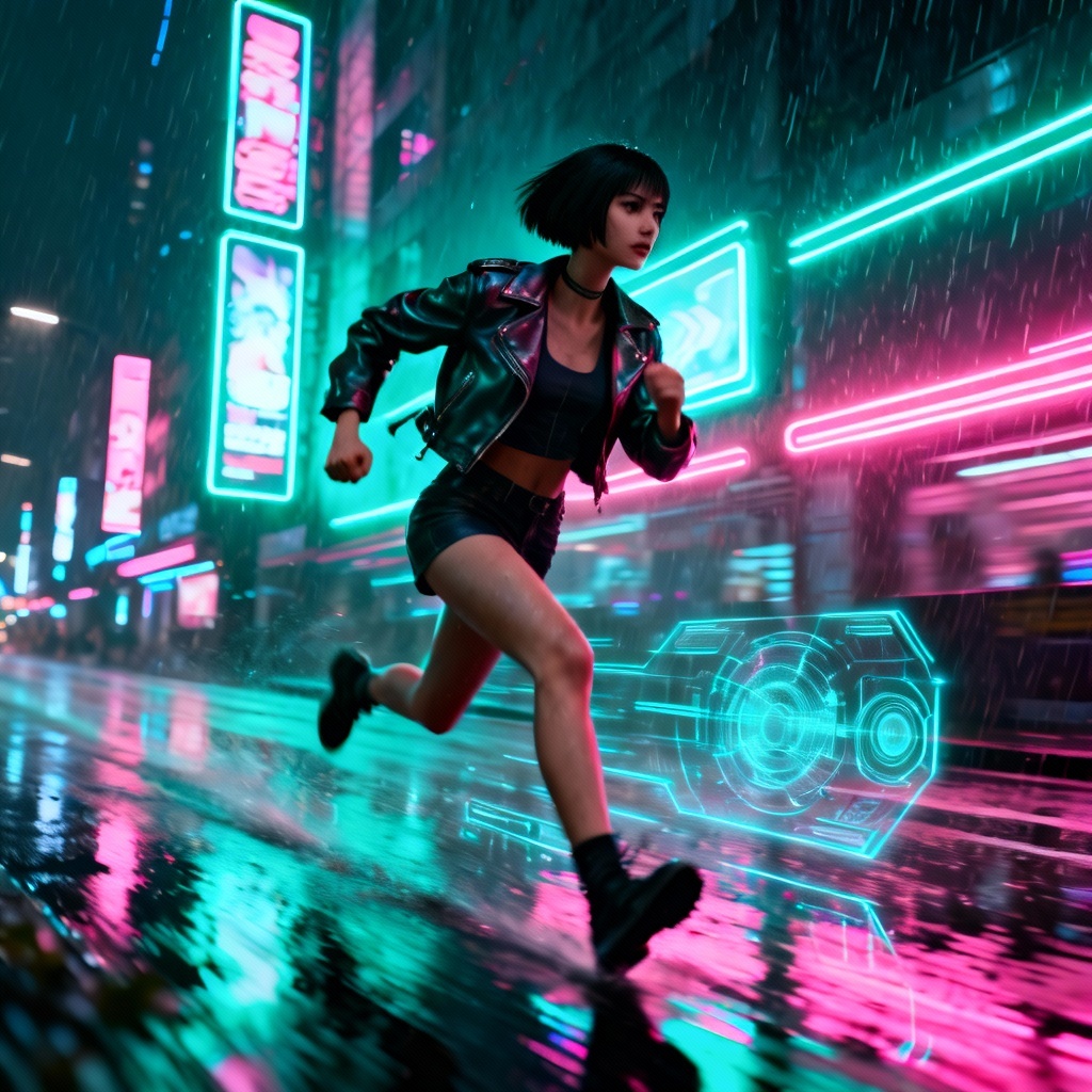 AI girlfriend in a neon cyberpunk action scene
