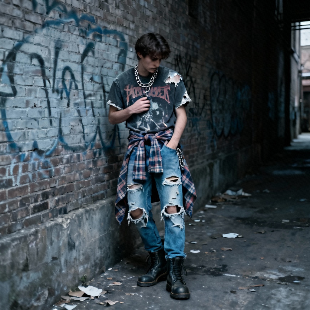 AI grunge streetwear with layered flannel and distressed denim