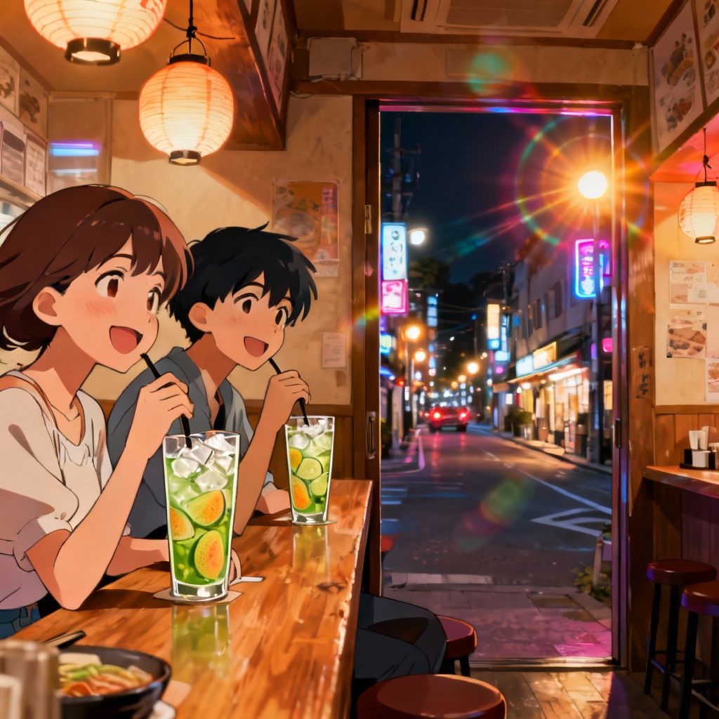 AI anime couple drinking soda at ramen bar