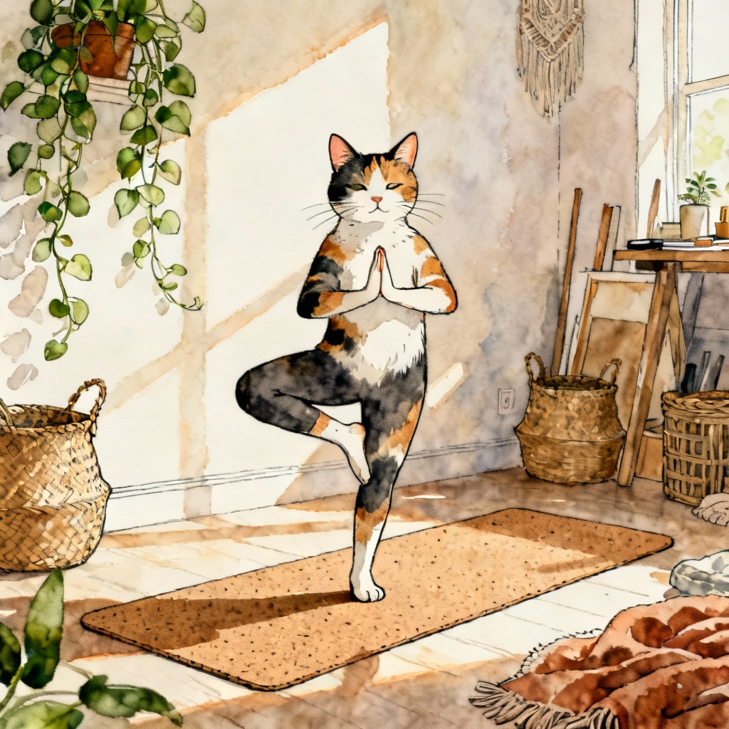 AI calico cat doing tree pose on yoga mat