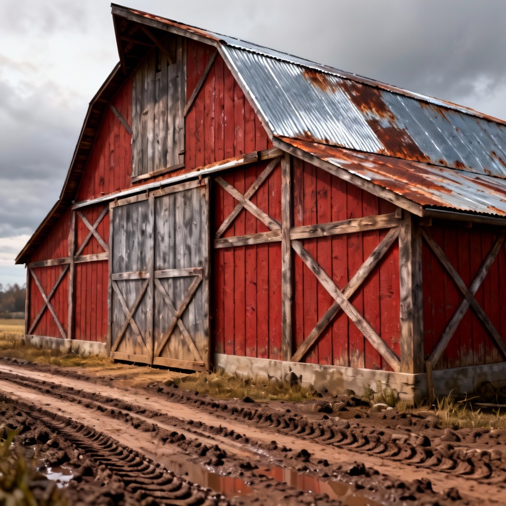 AI weathered red timber barn with board-and-batten siding