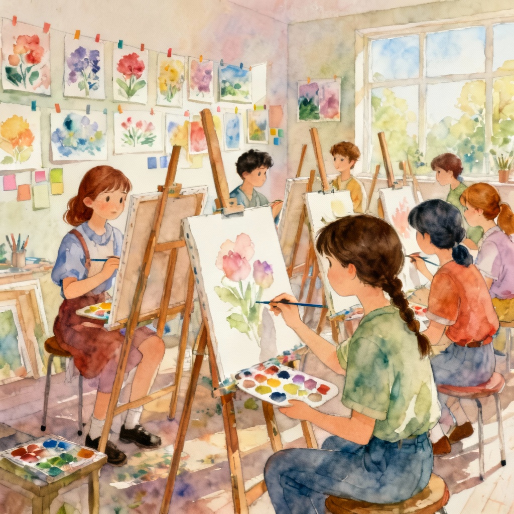 AI art class scene with students painting