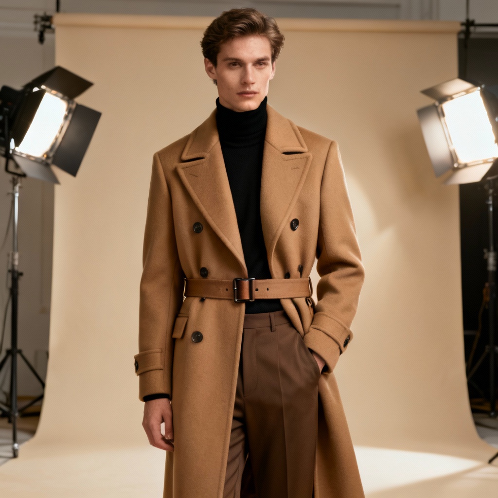 AI tan camel coat on model in a studio editorial scene