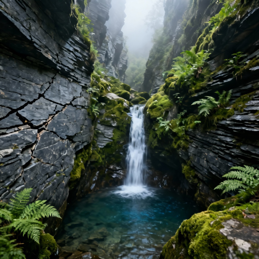 AI moss-covered rocky gorge with waterfall