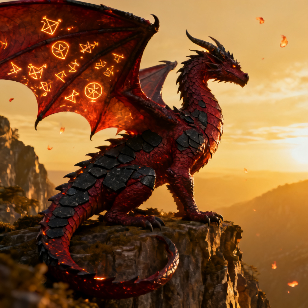 AI dragon OC crimson guardian on cliff with glowing runes