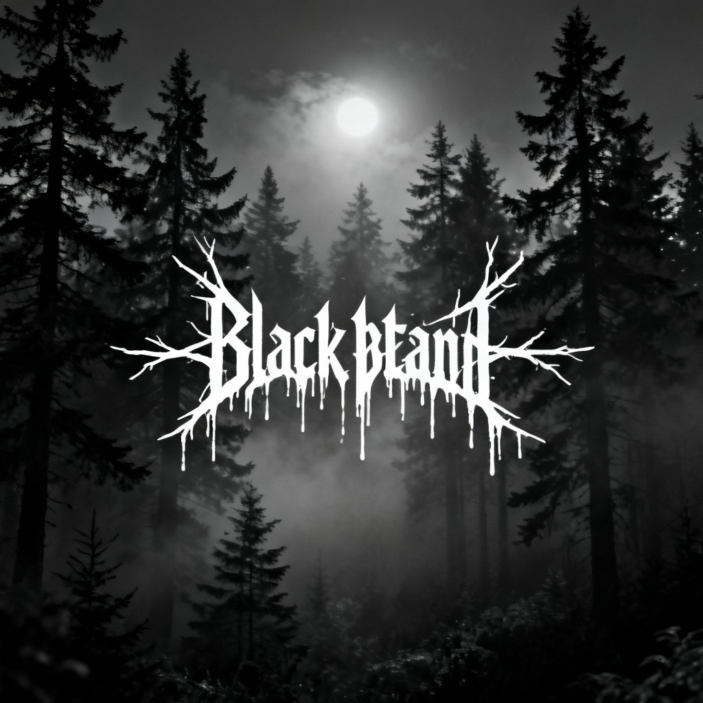 AI black metal logo over a misty forest background