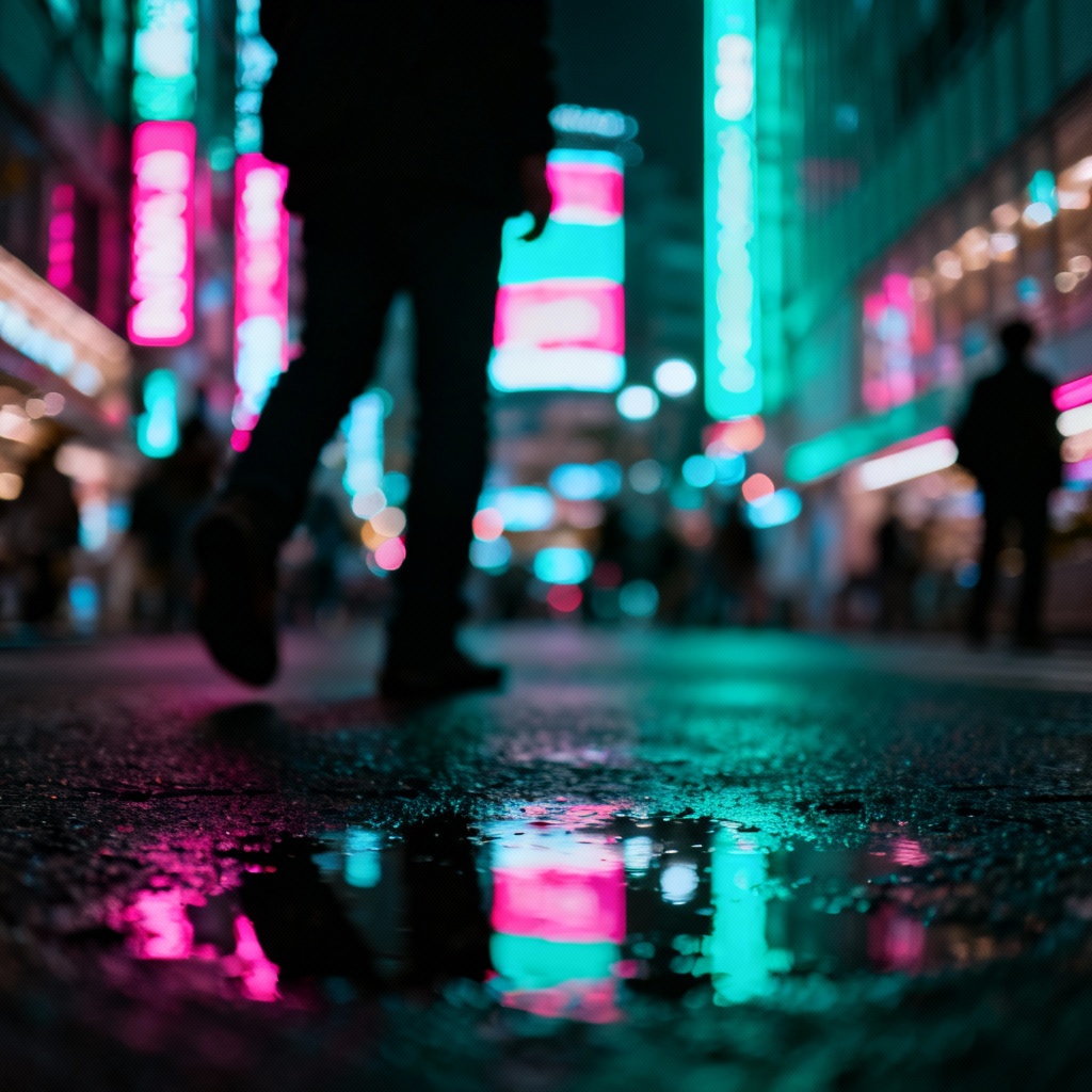AI fake vacation photo walking in neon-lit Tokyo