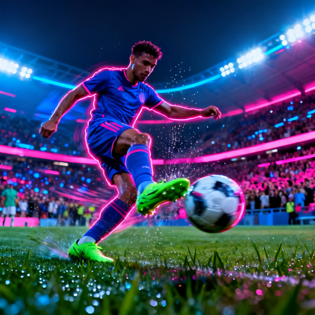 AI soccer striker shooting in neon stadium