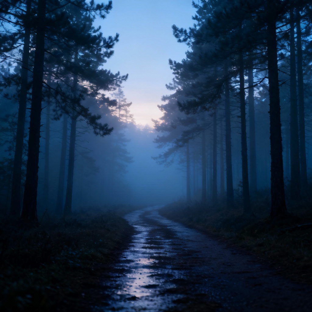 Foggy pine forest trail at dawn with cool tones
