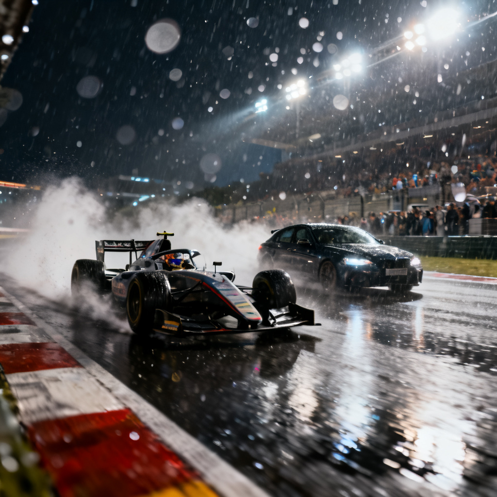 AI racing photo finish in heavy rain on circuit