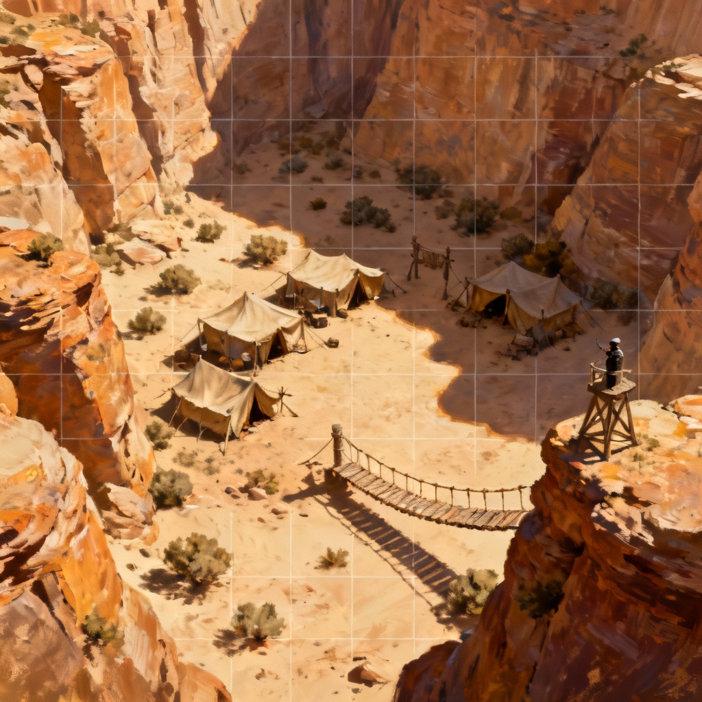 AI desert canyon camp battlemap with tents and square grid