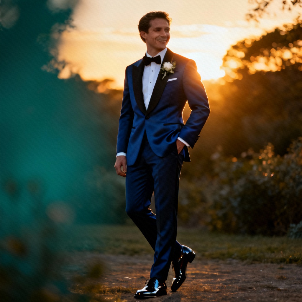 AI royal blue tuxedo wedding portrait with satin lapels