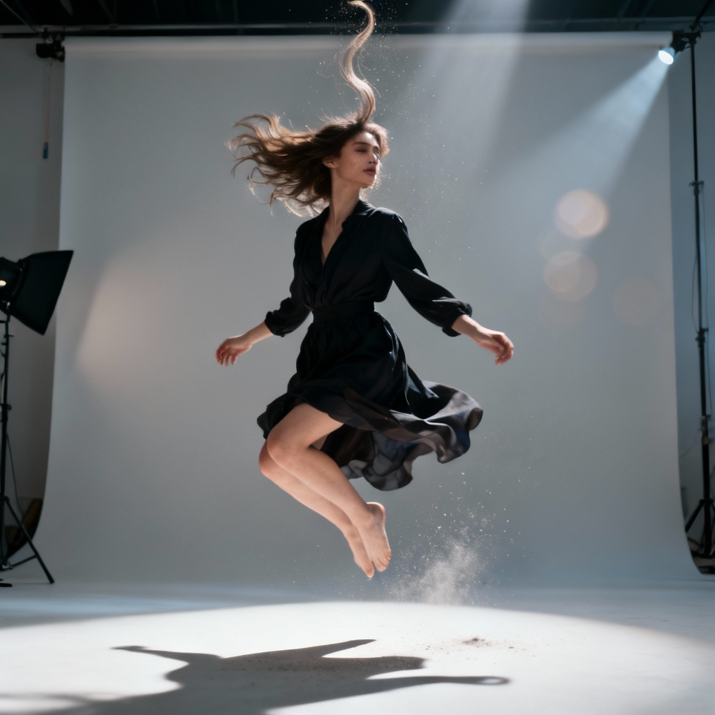 AI levitation portrait floating in studio