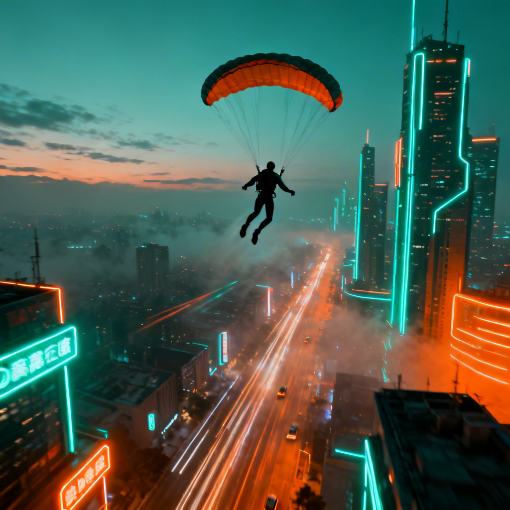 AI cyber city skydive with neon skyline