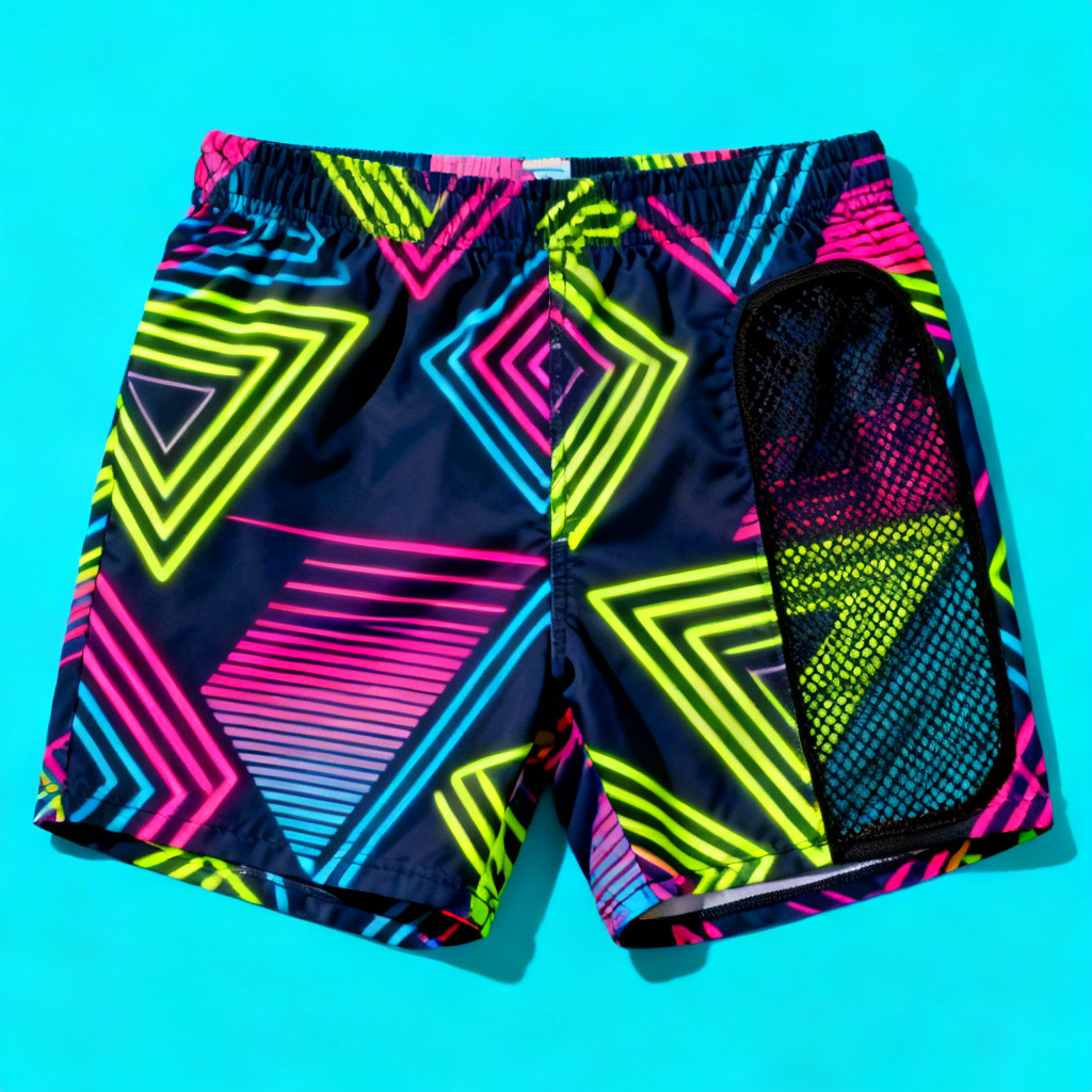 AI chubbie swim suits retro neon print swim shorts
