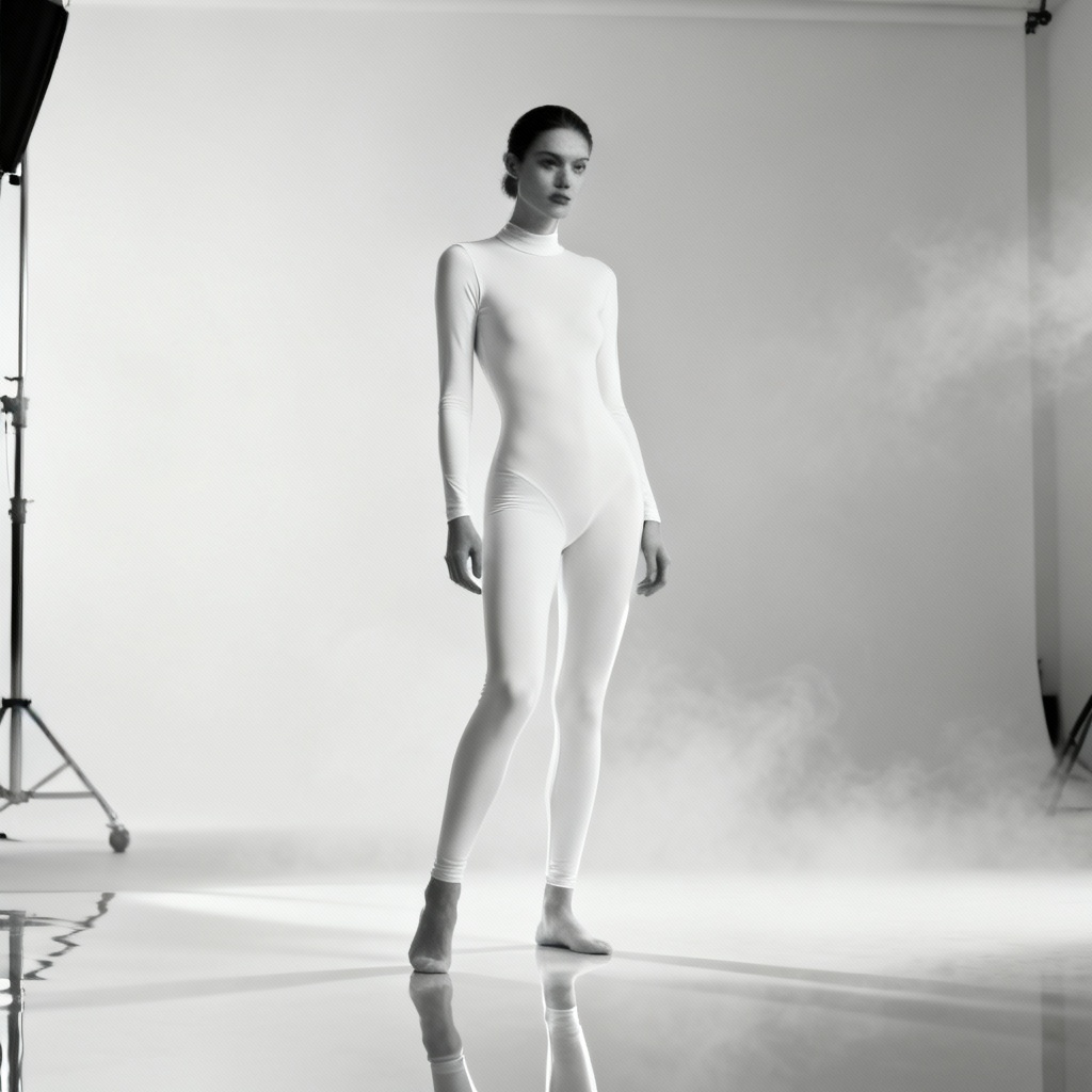 AI white bodysuit fashion editorial full-body