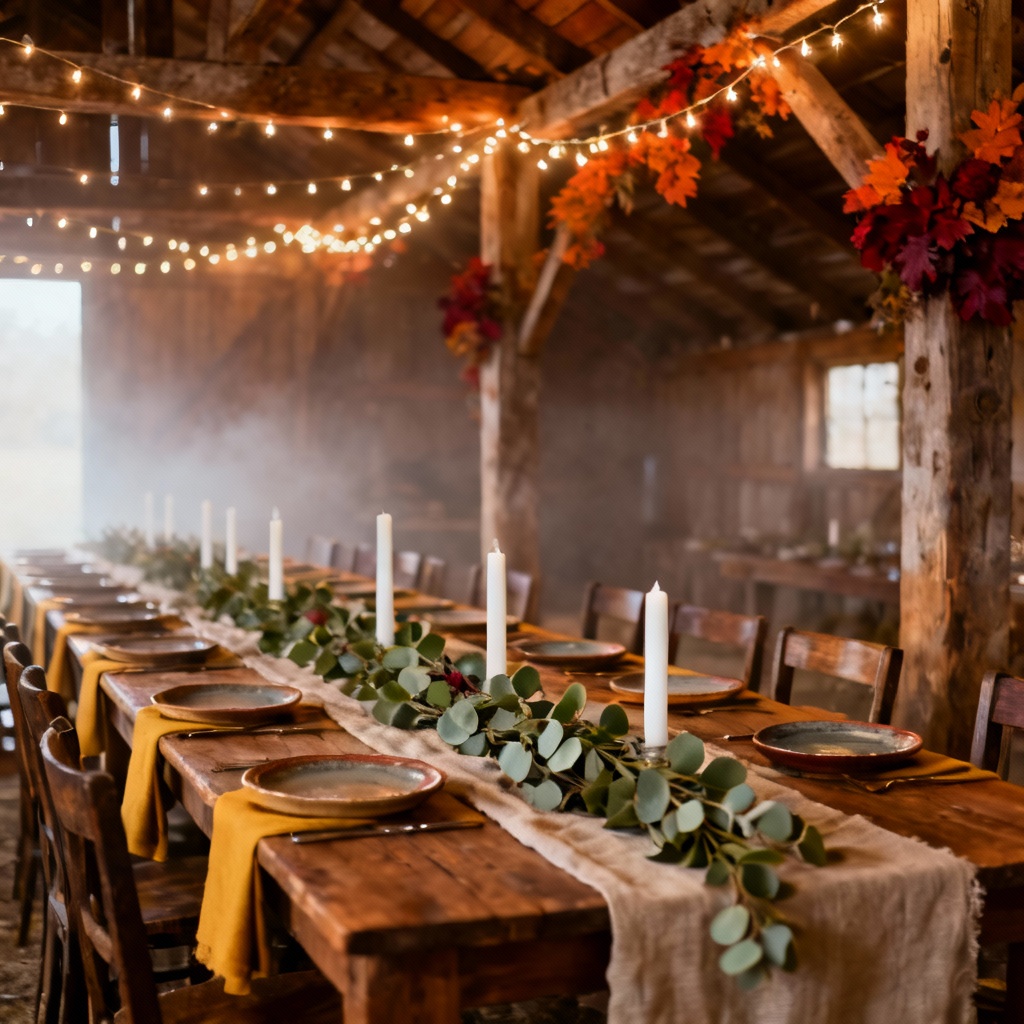 AI rustic barn wedding reception decor
