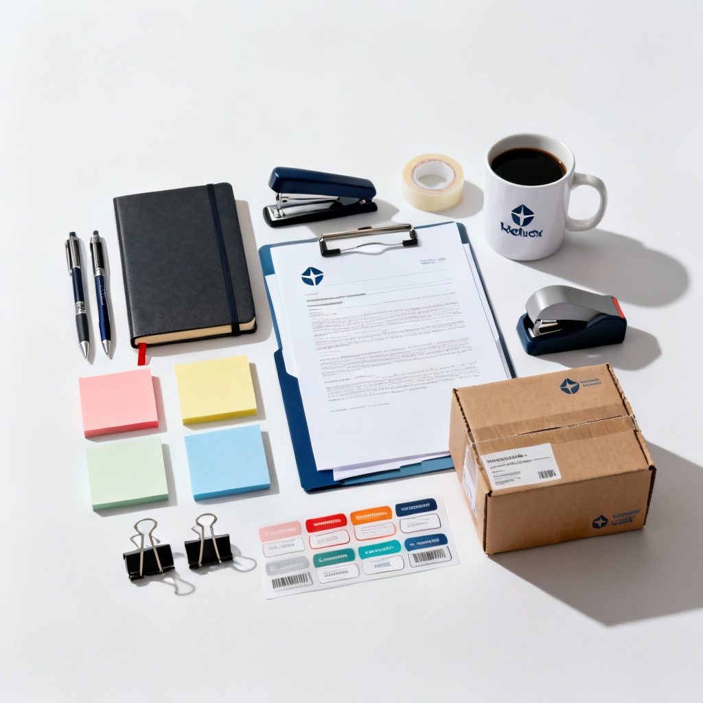 AI generated office supplies set with notebook, pens, stapler, labels, and packaging