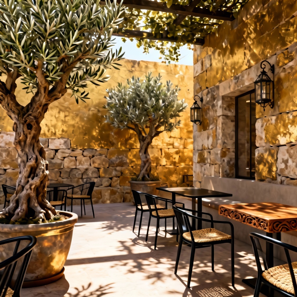 AI urban café courtyard with plants and textured stone