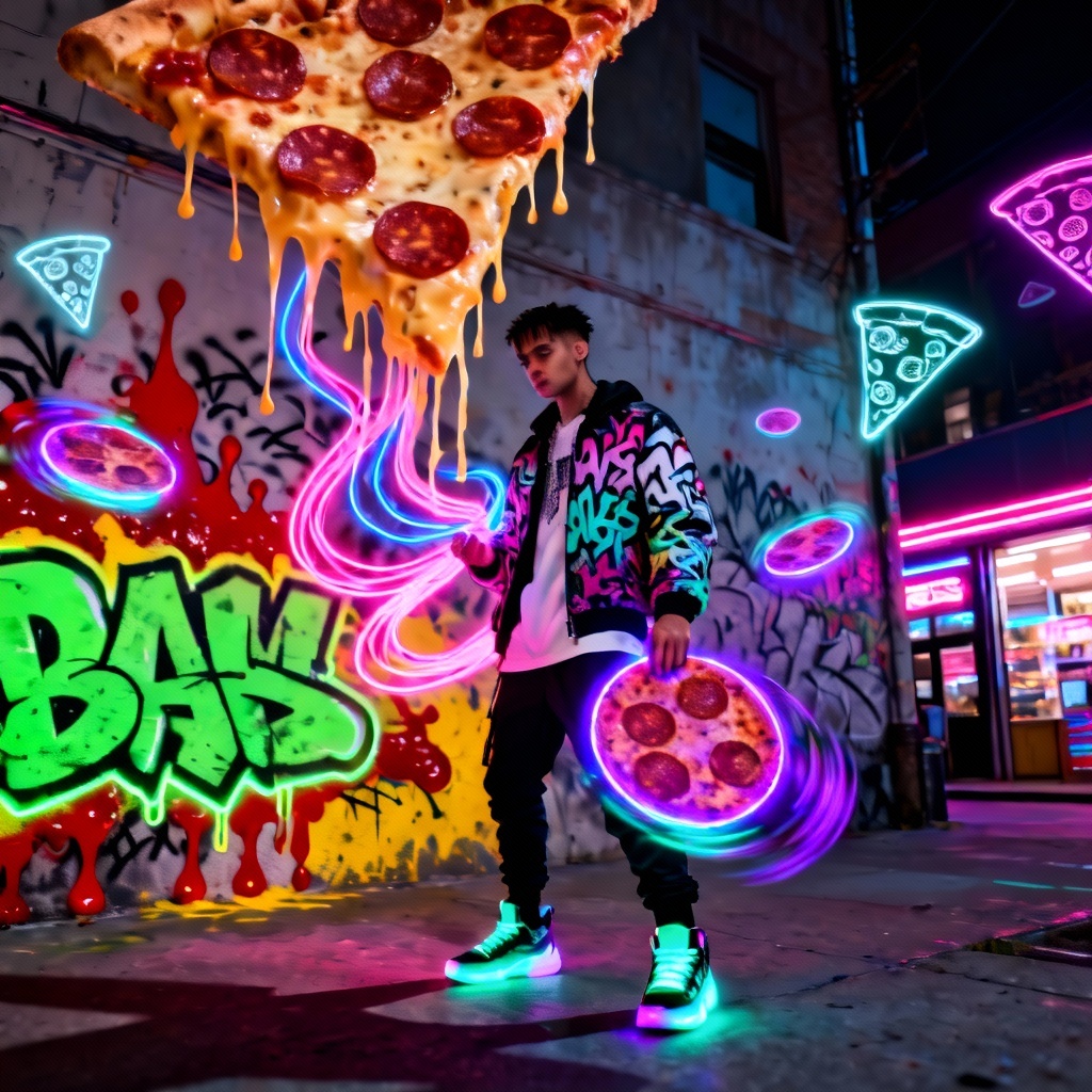 Neon street fashion photo reimagined as glowing pizza collage