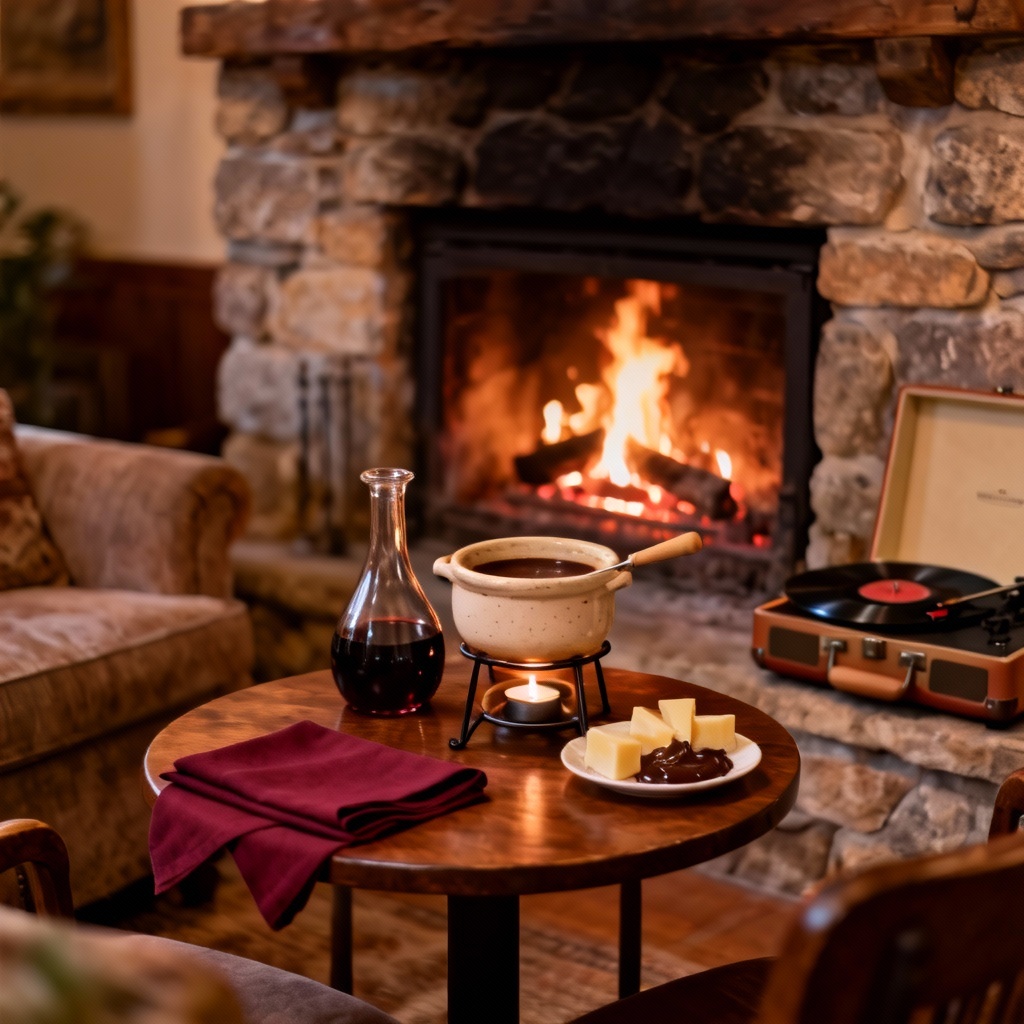 AI cozy romantic dinner by a fireplace