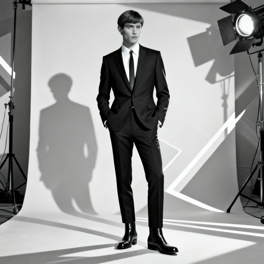 AI 1960s mod suit with skinny tie and slim lapels