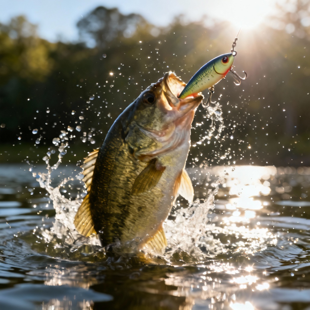 AI bass jumping to hit a lure in a dramatic splash